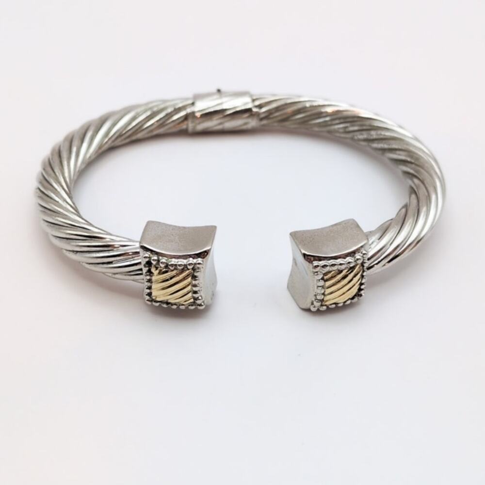 Sterling Silver 925/14k Gold Hinge Open Cuff Bangle Bracelet Signed Garden